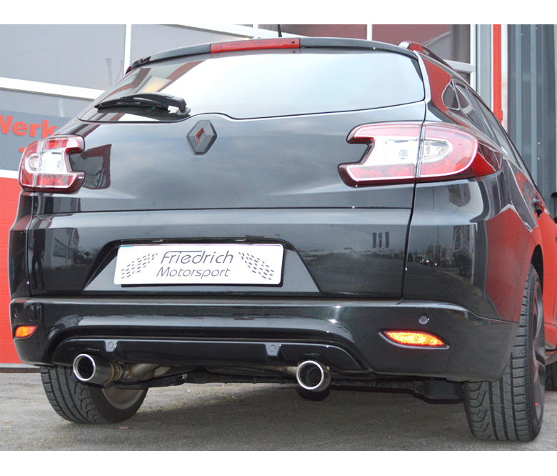 FRIEDRICH Sportauspuff / Duplex-Anlage 76mm Edelstahl ab Kat. für: RENAULT Mégane GrandTour - Z / 2.0TCe, GT220 - 132,140,162 kW |  Endrohr-Typ: alle / Hinweis: Endrohre unter oder in dem Diffusor (mit ausschneiden) erhältlich