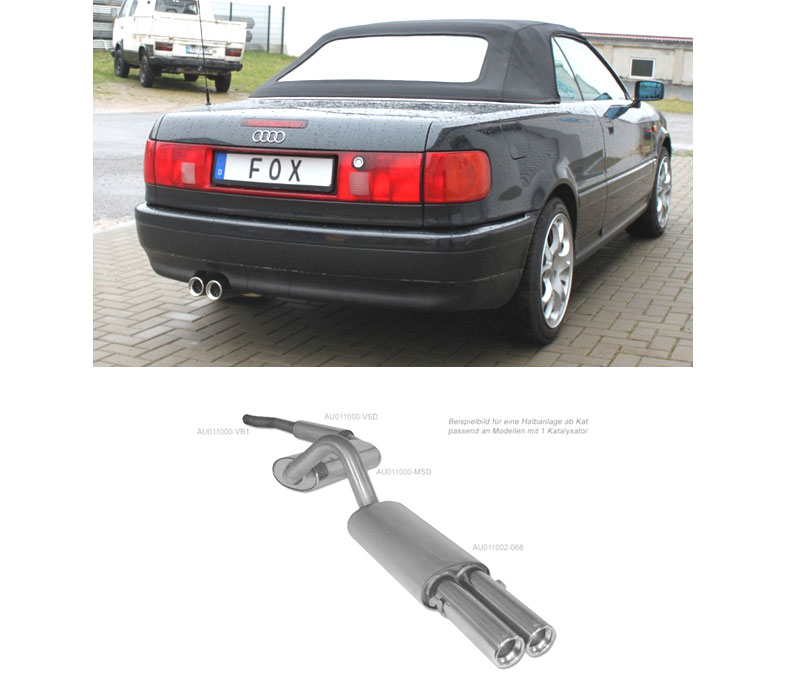 FOX Sportauspuff / Anlage 63.5mm ab Kat. für: AUDI 80, Coupé, Cabrio - 89 / 2.6,2.8 / -128kW |  mit Endrohr  2x 76 rund |  Hinweise: X,13,A