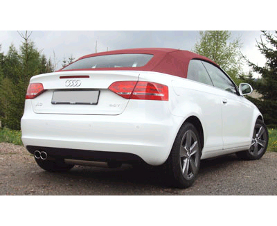 FOX Sportauspuff / Anlage 70mm ab Kat. für: AUDI  A3, A3 Cabrio - 8P /  1.4TFSI, 1.8TFSI, 2.0TFSI, 2.0TDI / 92,118,147,125 kW |  mit Endrohr-Typ: 2x 76 rund angeschrägt |  Hinweise: XL,17