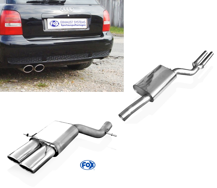 FOX Sportauspuff / Anlage 76mm ab Kat. für: AUDI RS4 - B5 / 2.7T V6 - 280 kW  |  mit Endrohr-Typ:  2x 115x85 oval, eingerollt  |  Hinweise: XXL,32,A
