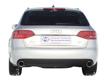 FOX Sportauspuff / Duplex-ESD für: AUDI  A4 + A5 - B8 /  1.8TFSI, 2.0TDI  /  88,118,125,105 kW  |  Endrohr-Typ: 2x 100 rund |  Hinweise: S,16 / passt nur zu A4 Quatttro Heckblende (Audi-Teile-Nr. 8KO 807 521 A)