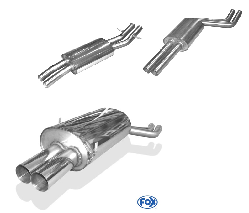 FOX Sportauspuff / Anlage ab Kat. für: BMW 320i,323i,325i,328i,330i - E46 / -170kW |  Endrohr-Typ:  2x 76 rund |  Hinweise: S,10 / für Modelle mit 6-Gang Getriebe passen nur der ESD alleine.