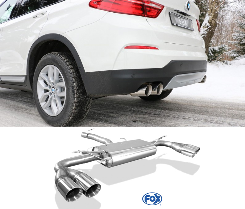 FOX Sportauspuff / Duplex-ESD für: BMW X4 - F26 / x-Drive 20i, 28i, 20d, 30d - 135,180,120,140,190,204,210 kW  |  Endrohr-Typ: 4x 90 rund |  Hinweise: S,25 / inkl. Montage-Adapter - nicht zu M-Paket passend