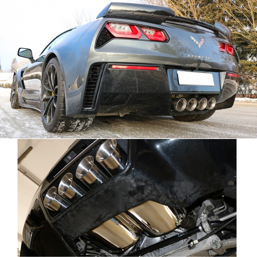FOX Sportauspuff / Duplex-ESD f&uuml;r: CHEVROLET Corvette Stingray - C7 / 6.2 - 343 kW | Endrohr-Typ: 4x 100 rund | Hinweise: S, 25 / mit Auspuffklappen. f&uuml;r Modelle mit 2 orig. Abgasklappen (nur f&uuml;r Schaltgetriebe)