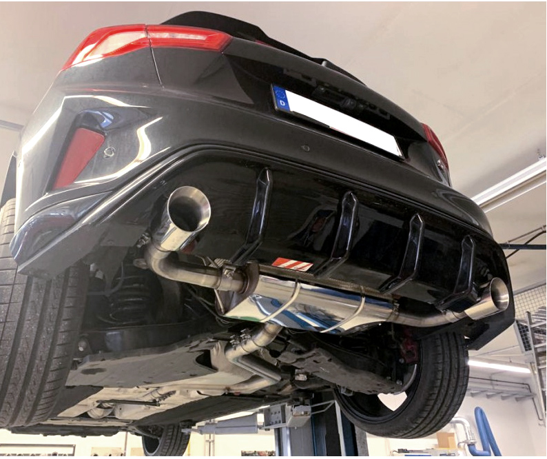FOX Sportauspuff / Duplex-Anlage 70mm ab Kat./OPF für: FORD Focus ST - DEH / 2.3T - 206 kW, mit OPF |  Endrohr-Typ: 2x 100 rund |  Hinweise: XS,25