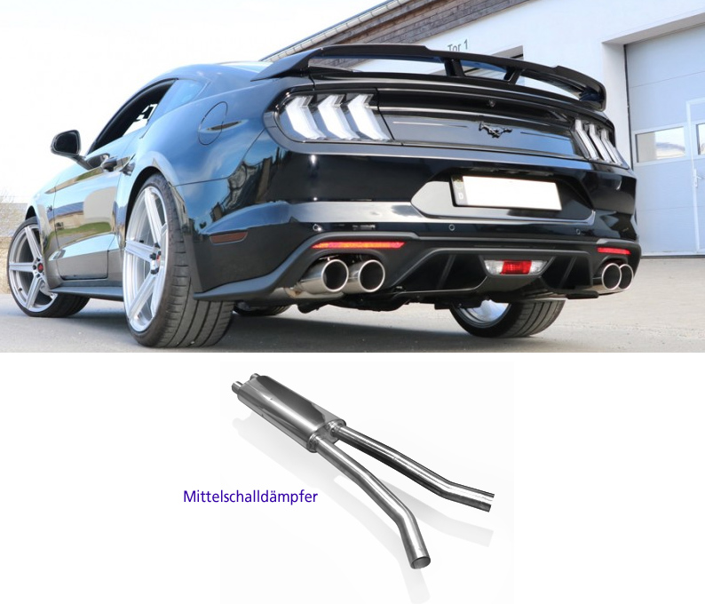 FOX Sportauspuff / Duplex-Anlage ab Kat. für: FORD Mustang V8 - LAE, Facelift / 5.0 - 331 kW |  Endrohr-Typ: 4x 100 rund |  Hinweise: S,16 / ESD haben hochwertige elektr. Klappen von ASR