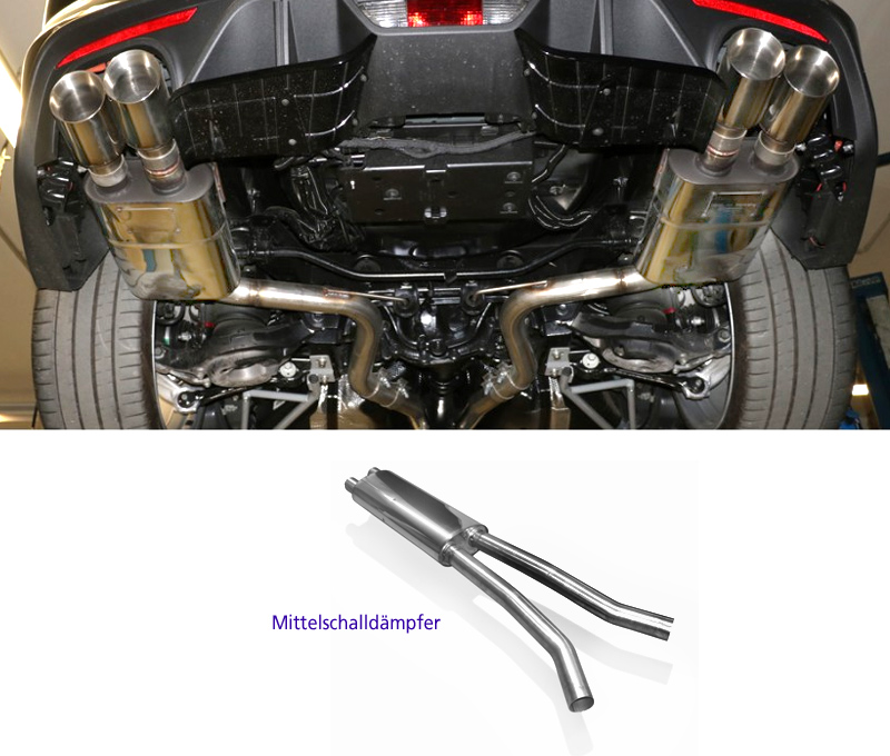 FOX Sportauspuff / Duplex-Anlage ab Kat. für: FORD Mustang V8 - LAE, Facelift / 5.0 - 331 kW |  Endrohr-Typ: 4x 100 rund |  Hinweise: S,25 / ESD haben hochwertige elektr. Klappen von ASR