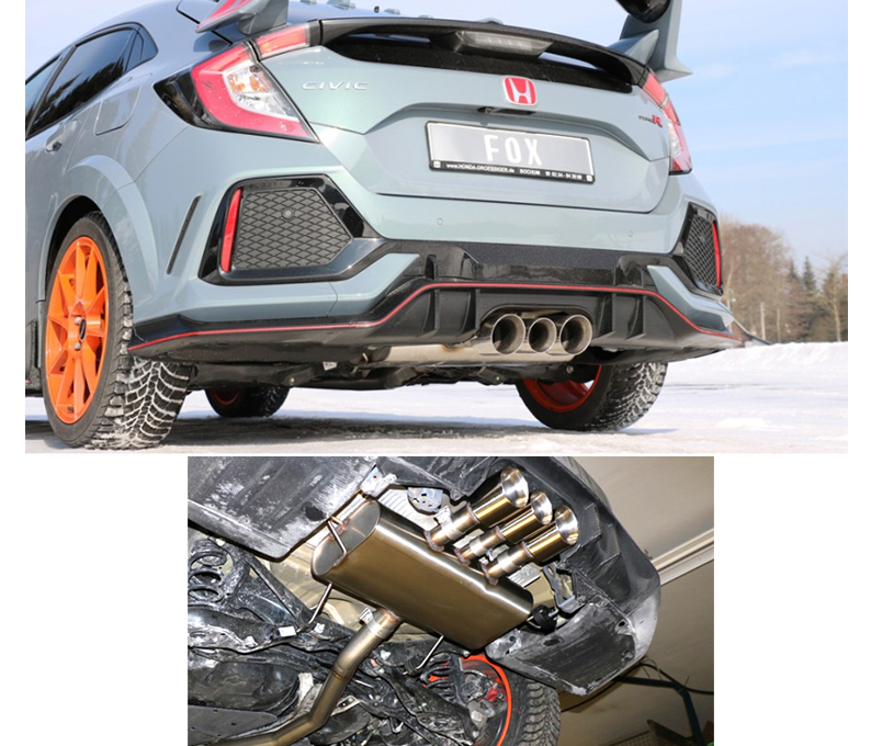 FOX Sportauspuff / Anlage 70mm ab Kat. für: HONDA Civic Type R - FK8 / 2.0T - 235 kW | mit Endrohr-Typ:  2x 100, 1x 90 rund,schräg |  Hinweise: XL,25