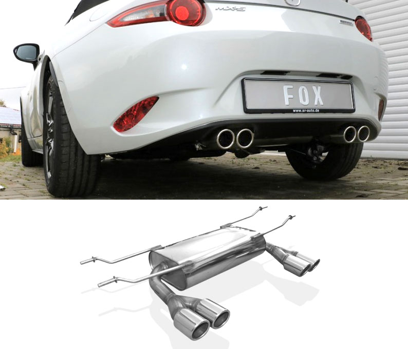 FOX Sportauspuff / Duplex-ESD für: MAZDA MX-5 - ND, G130,G160 / 1.5,2.0 - 96,118 kW |  Endrohr-Typ: 4x 70 rund |  Hinweise: S,16, Ausschneiden der Heckschürze nötig