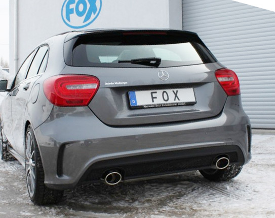FOX Sportauspuff / Duplex-Anlage 63,5mm ab Kat. für: MERCEDES  A180, A200, A250 - W176, AMG-Paket /  1.6, 2.0 - 90,115,155 kW |  Endrohr-Typ: 2x 115x85 oval |  Hinweise: S,32, nicht für Modelle mit Vorkat montierbar!