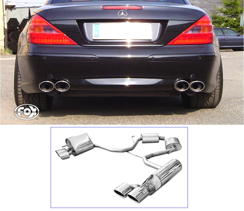 FOX Sportauspuff / Duplex-Anlage ab Kat. für: MERCEDES  SL350, SL500 - R230 / 2001- /  180,225 kW |  Endrohr-Typ:  4x 115x85 oval  |  Hinweise: S,32, ausschneiden der Heckschürze nötig