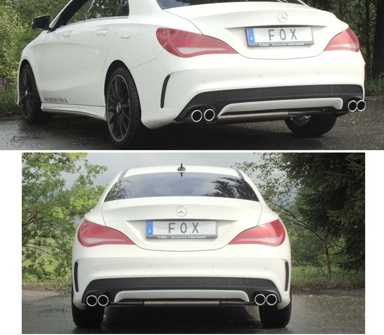 FOX Sportauspuff / Duplex-Anlage 63,5mm ab Kat. für: MERCEDES  CLA180, CLA200, CLA250 - C117,X117 /  1.6T,2.0T - 90,115,155 kW |  Endrohr-Typ:  4x 80 rund |  Hinweise: S,12