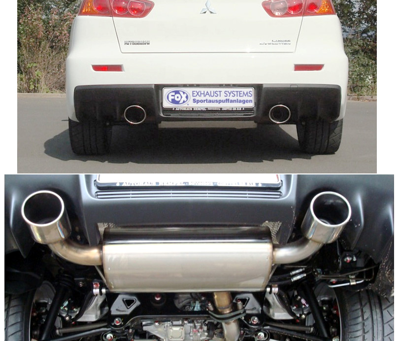 FOX Sportauspuff / Duplex-Anlage 70mm ab Kat. für: MITSUBISHI Lancer EVO 10 / 2.0T - 217 kW |  Endrohr-Typ: 2x 129x106 oval, eingerollt, angeschrägt|  Hinweise: XL,32
