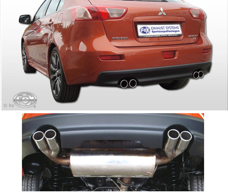 FOX Sportauspuff / Duplex-Anlage 70mm ab Kat. für: MITSUBISHI Lancer Ralliart 2.0 - 177kW / CY0, 2009-  |  Endrohr-Typ:  4x 76 rund |  Hinweise: XL,12