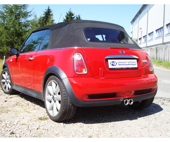 FOX Sportauspuff / Anlage 63,5mm mittig ab Kat. für: MINI  Cooper S Cabrio - R52 / 1.6 - 125 kW |  Endrohre: 2x 76 rund |  Hinweise: XS,13