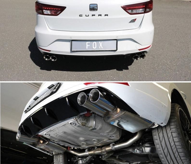 FOX Sportauspuff / Duplex-Anlage 70mm ab Kat. für: SEAT Leon ST Cupra - 5F / 2.0TSI - 195,206,213 kW |  Endrohr-Typ: 4x 80 rund, schräg, versetzt  |  Hinweise: S,25
