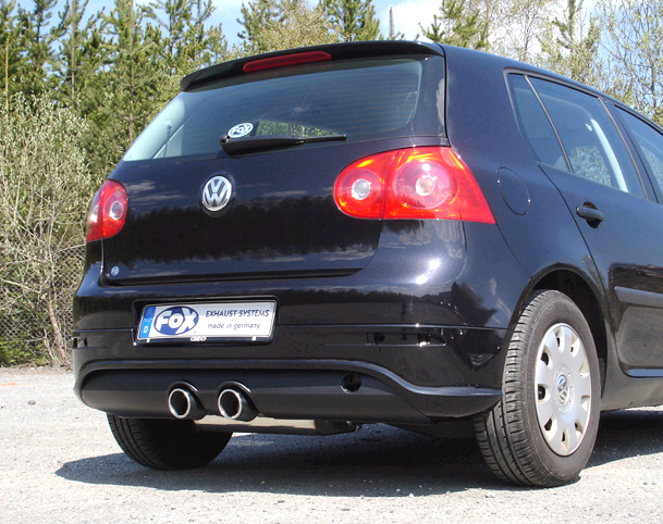 FOX Sportauspuff / Duplex-Anlage 70mm ab Kat. für: VW  Golf 5 GTI / 2.0TFSI - 147,169 kW | Endrohr-Typ: 2x 90 rund | Hinweise: XL,16 - passt zu VW R32 Heckschürze