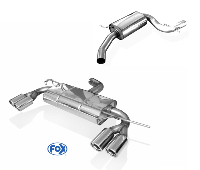 FOX Sportauspuff / Duplex-Anlage 70mm ab Kat. für: VW Scirocco - 13 /  2.0TSI - 147,155,162 kW |  mit Endrohr-Typ: 4x 76 rund, eingerollt, angeschrägt  |  Hinweise: XL,1,32
