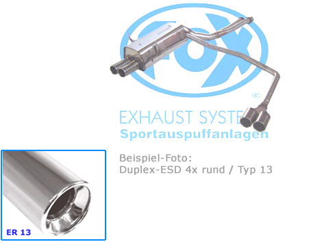 FOX Sportauspuff / Duplex-Anlage 55mm ab Kat. für: TOYOTA Corolla - E12 / 1.8TS - 141 kW |  Endrohr-Typ:  4x 80 rund |  Hinweise: S,13