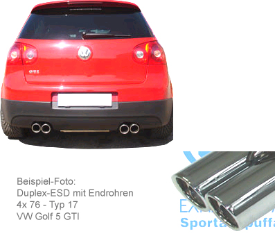 FOX Sportauspuff / Duplex-Anlage 70mm ab Kat. für: SEAT Leon - 1P, FR,Cupra,Cupra R /  2.0TSI - 136,147,155,177,195 kW |  mit Endrohr-Typ: 4x 76 rund eingerollt angeschrägt |  Hinweise: XL,1,17