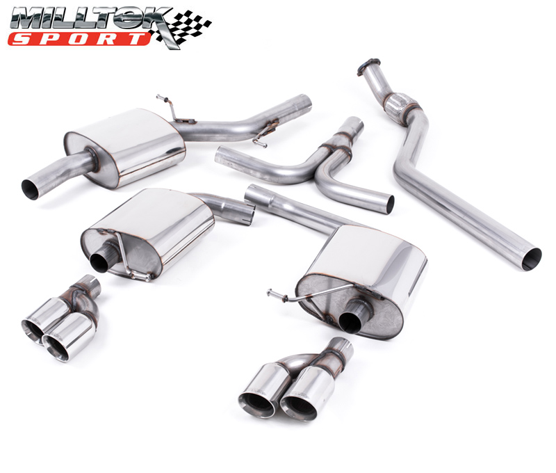 MILLTEK Sportauspuff / Duplex-Anlage 70mm ab Kat. für: AUDI A5 Cabrio - B8, S-Line, inkl. Quattro / 2.0TFSI - 155 kW  | Endrohre 2x 100 rund GT, schräg / Benötigt den Heckansatz vom S5 3.0TFSI Cabrio