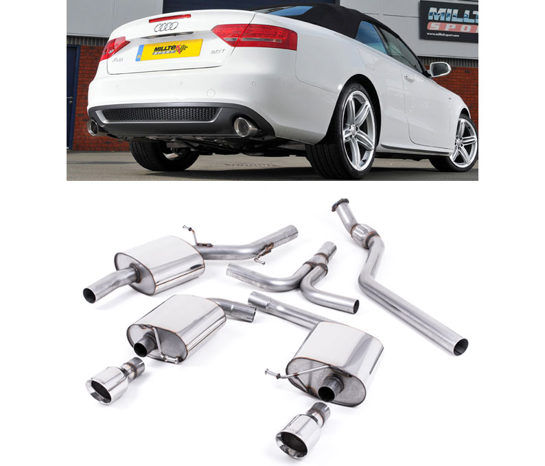 MILLTEK Sportauspuff / Duplex-Anlage 70mm ab Kat. für: AUDI A5 Cabrio - B8, inkl. Quattro / 2.0TFSI - 155 kW  | Endrohre 2x 100 rund GT, schräg / inkl. S-Line