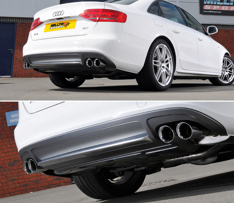 MILLTEK Sportauspuff / Duplex-Anlage 70mm ab Kat. für: AUDI A4 1.8TFSI SLine - B8 / 118 kW (nur 6-Gang) | Endrohre 4x 80 rund GT, abgesetzt / passt mit S4 3.0TFSI Heckeinsatz