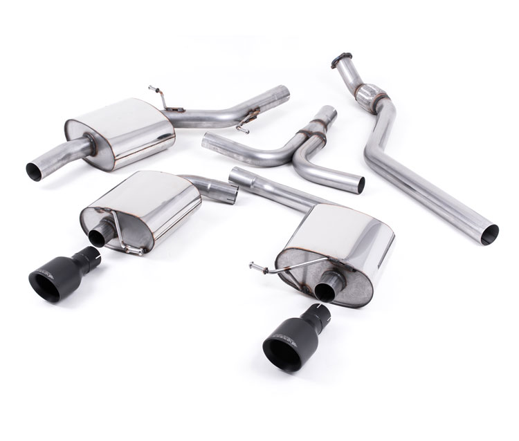 MILLTEK Sportauspuff / Duplex-Anlage 70mm ab Kat. für: AUDI A5 Cabrio - B8 / 1.8TFSI, 2.0TFSI - 118,132,155 kW / inkl. Quattro, nur 6-Gang man.  | Endrohre 2x 100 rund GT Schwarz, schräg / inkl. S-Line