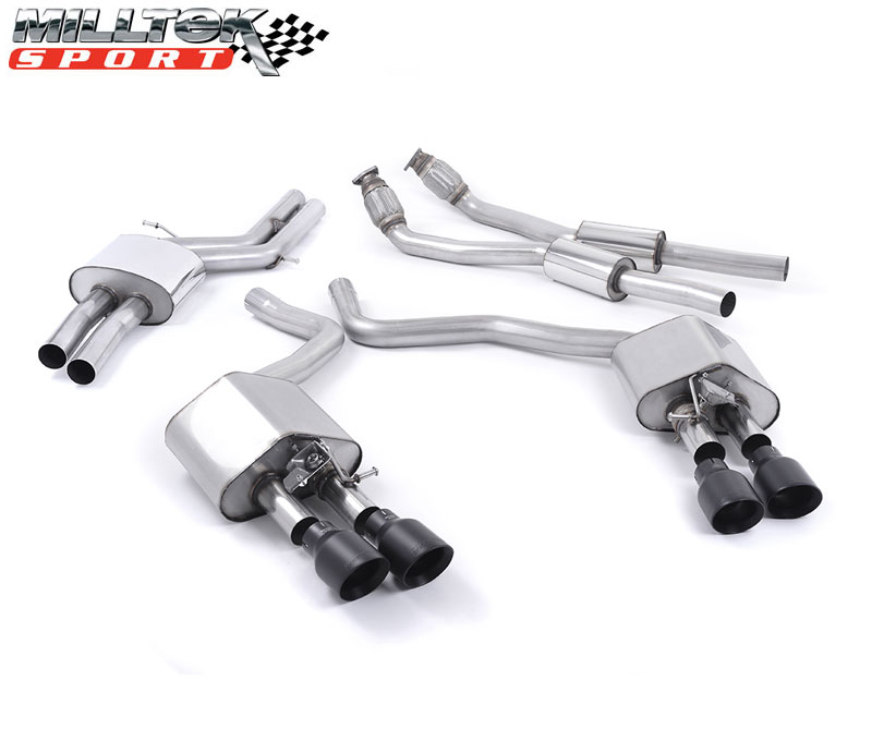 MILLTEK Sportauspuff / Klappen-Anlage 2x 70mm ab Kat. für: AUDI S6 - 4G / 4.0TFSI - 309,331 kW | 2-flutig mit MSD - Endrohre GT 4x 100 rund, schräg, schwarz 'Cerakote' / ohne CH-Gutachten