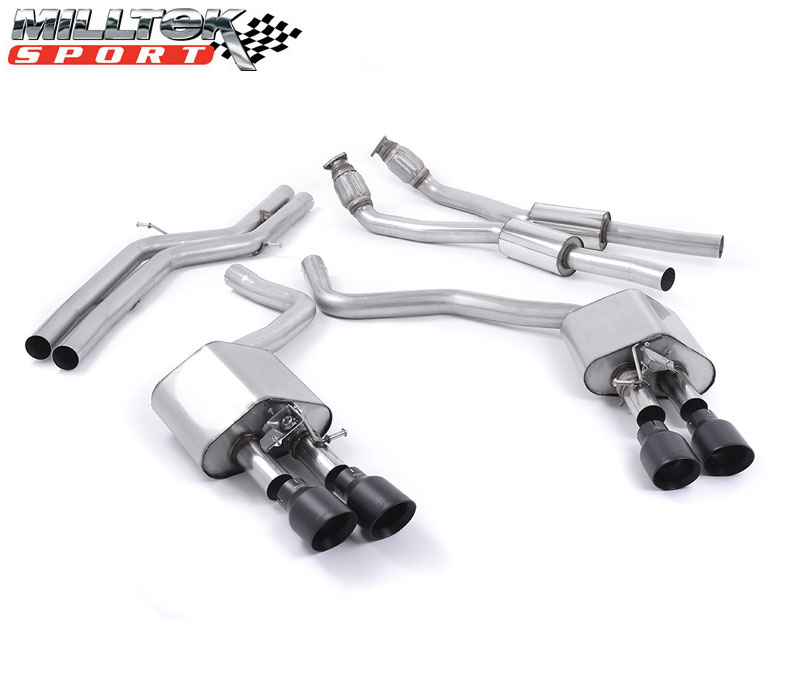 MILLTEK Sportauspuff / Klappen-Anlage 2x 70mm ab Kat. für: AUDI S6 - 4G / 4.0TFSI - 309,331 kW | 2-flutig ohne MSD - Endrohre GT 4x 100 rund, schräg, schwarz 'Cerakote' / ohne CH-Gutachten