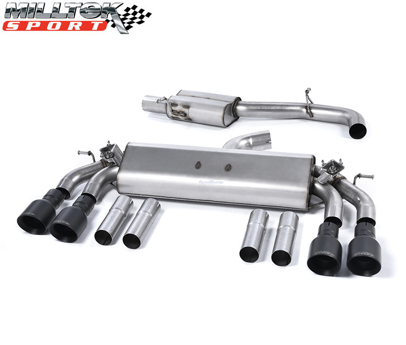 MILLTEK Sportauspuff / Duplex-Anlage 76mm ab Kat. für: AUDI S3 Lim. + Cabrio - 8V / 2.0TFSI - 221,228 kW | Endrohre GT 4x 100 rund, schräg, schwarz-matt / ESD mit Klappen