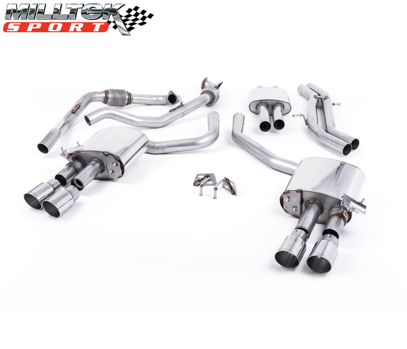 MILLTEK Sportauspuff / Duplex-Anlage 2x 63.5 mm ab Kat. für: AUDI S4 - B9, incl. Avant / 3.0TFSI - 260 kW |  Endrohre: 4x GT100 rund - poliert / bitte bei der Best. angeben, ob für Modell ohne oder mit Sport-Differential
