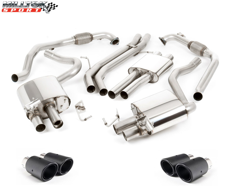 MILLTEK Sportauspuff / Duplex-Anlage 2x 63.5 mm ab Kat. für: AUDI S5 - F5, Sportback / 3.0TFSI - 260 kW |  Endrohre: 4x JET102 rund - Carbon / bitte bei der Best. angeben, ob für Modell ohne oder mit Sport-Differential