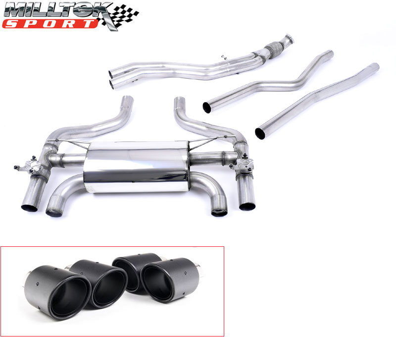 MILLTEK Sportauspuff / Anlage 2x 63,5mm ab Kat. für: BMW M2 - F87 / 3.0T - 272 kW  | Endrohre 4x 90 JET, rund, Carbon / mit 2 Klappen, HollowTek Technology