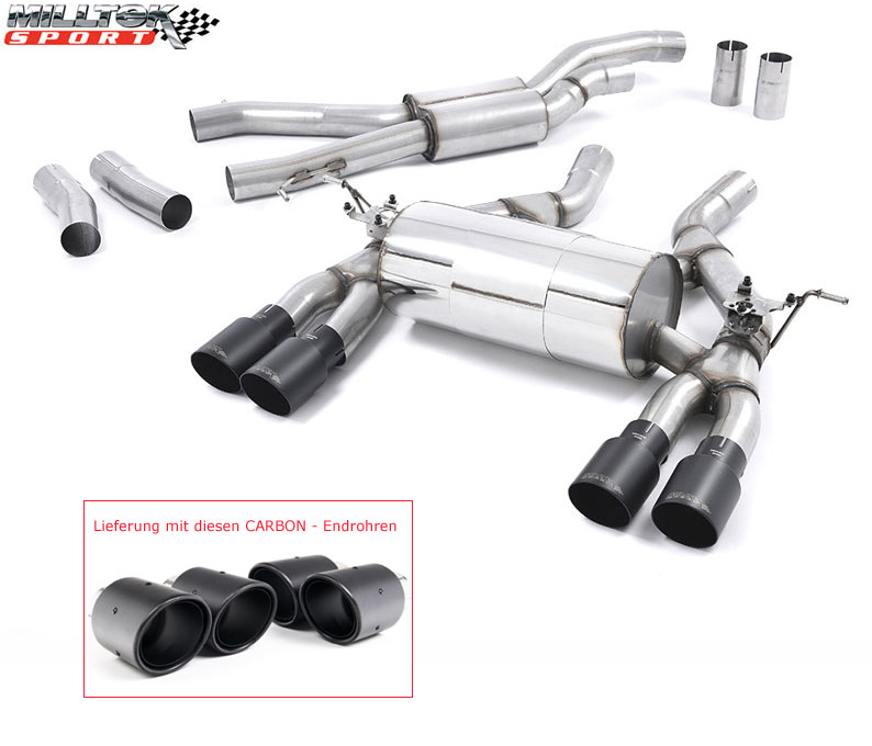 MILLTEK Sportauspuff / Duplex-Anlage 2x 70mm ab Kat. für: BMW M3 - F80 / 3.0T - 317,331 kW | Endrohre 4x JET90 - Carbon / mit Auspuffklappen