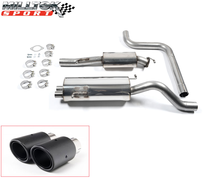 MILLTEK Sportauspuff / Anlage 70mm ab Kat. für: FORD Fiesta ST, ST200 - JA8 / 1.6T - 134,147 kW  | Endrohre 2x 80 rund, Jet-80, Carbon