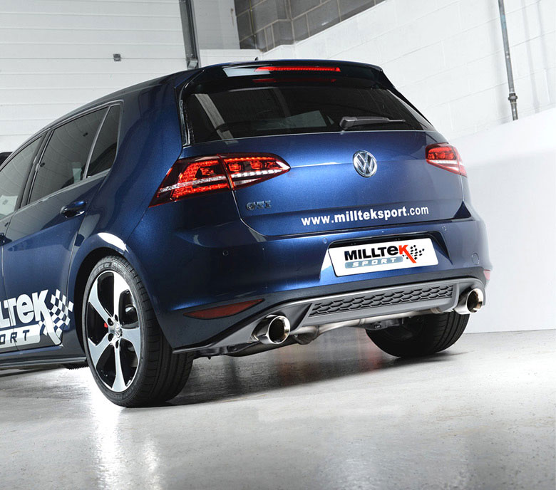 MILLTEK Sportauspuff / Duplex-Anlage 76mm ab Kat. für: VW Golf 7 GTI / 2.0TFSI - 180 kW | MSD + ESD / Endrohre GT 2x 100 schräg - verchromt