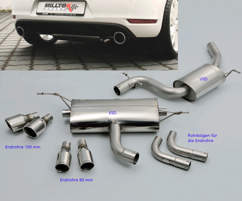 MILLTEK Sportauspuff / Duplex-Anlage 70mm ab Kat. für: VW Golf 6 GTI - 155kW | Endrohre: Jet100 rund, schräg, eingerollt