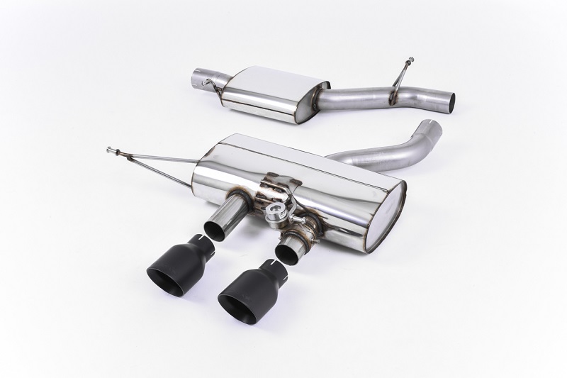 MILLTEK Sportauspuff / Anlage 70mm mit MSD ab Kat./VSD für: VW Golf 6 R | ESD mit Klappe / Endrohre 100 rund, schräg, schwarz