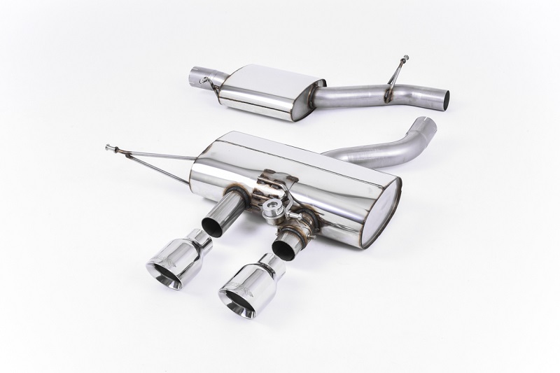 MILLTEK Sportauspuff / Anlage 70mm mit MSD ab Kat./VSD für: VW Golf 6 R | ESD mit Klappe / Endrohre 100 rund, schräg, poliert