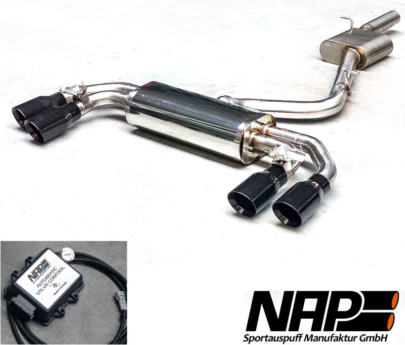 NAP Sportauspuff / Klappen-Anlage 70mm ab Kat. für: AUDI S3 - 8V, incl. Sportback / 2.0TFSI - 228 kW |  Endrohre: 2x 100 rund,schräg, poliert |  Endrohre schwarz + Fr. 180.-, Carbon + Fr. 300.-