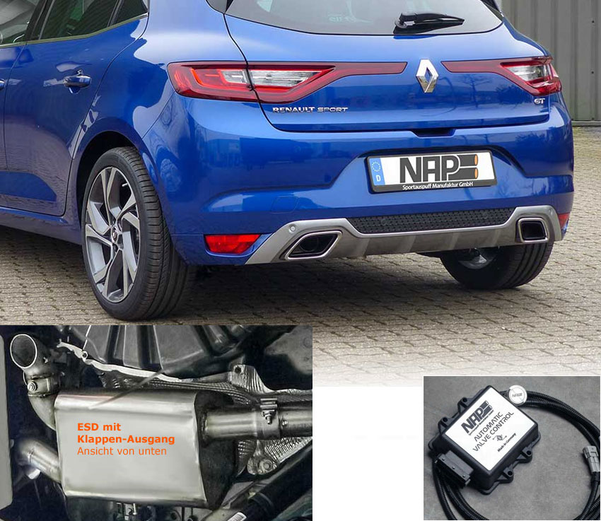 NAP Sportauspuff / Klappen-Anlage 70mm ab Kat. für: RENAULT Mégane GT / 1.6T - 151 kW |  Endrohr: nicht sichtbar, Optik bleibt orig. / mit CH-Gutachten