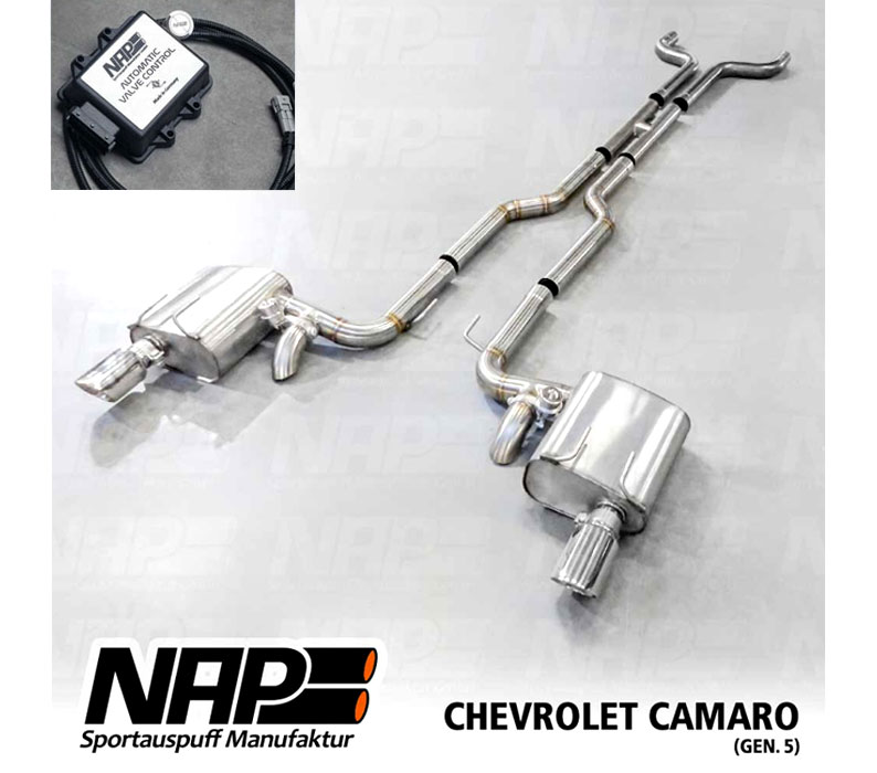 NAP Sportauspuff / Klappen-Anlage ab Kat. für: CHEVROLET Camaro V8 / 2009-15 / 6.2 - 298,318 kW |  Endrohre: 2x 100 rund,schräg |  Anlage hat statt einem VSD eine H-Pipe / mit CH-Gutachten