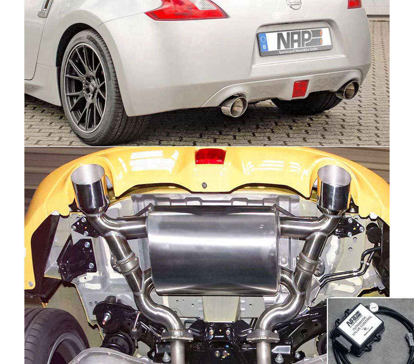 NAP Sportauspuff / Klappen-Anlage ab Kat. für: NISSAN 370Z - Z34 / V6 3.7 - 241,243 kW |  mit Endrohren 2x 115 rund,scharf,schräg