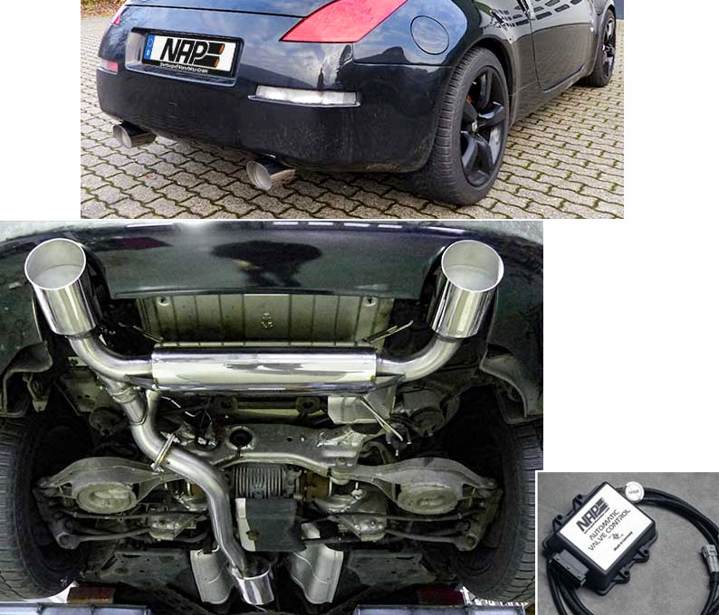 NAP Sportauspuff / Klappen-Anlage ab Kat. für: NISSAN 350Z - Z33 / V6 3.5 - 206,230 kW |  mit Endrohren 2x 115 rund,scharf,schräg