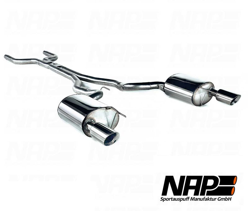 NAP Sportauspuff Edelstahl / Duplex-Anlage ab Kat. für: FORD Mustang V8 / Coupé, Cabrio, 2015 / 5.0 - 310 kW |  mit X-Pipe statt einem VSD / Endrohr: 2x 100 rund,schräg