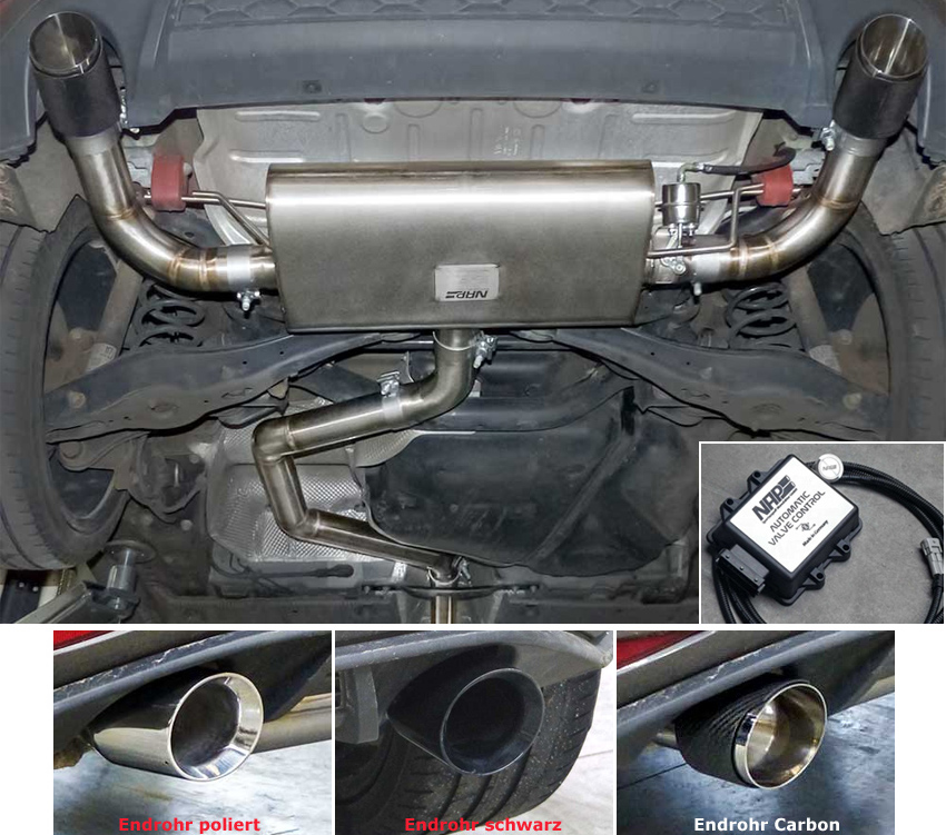 NAP Sportauspuff / Klappen-Anlage 70mm ab Kat. für: VW Golf 7 GTI / 2.0TFSI - 162,169 kW |  Anlage ohne MSD / Endrohre: 2x 100 rund,schräg, poliert |  Endrohre schwarz + Fr. 180.-, Carbon + Fr. 300.-