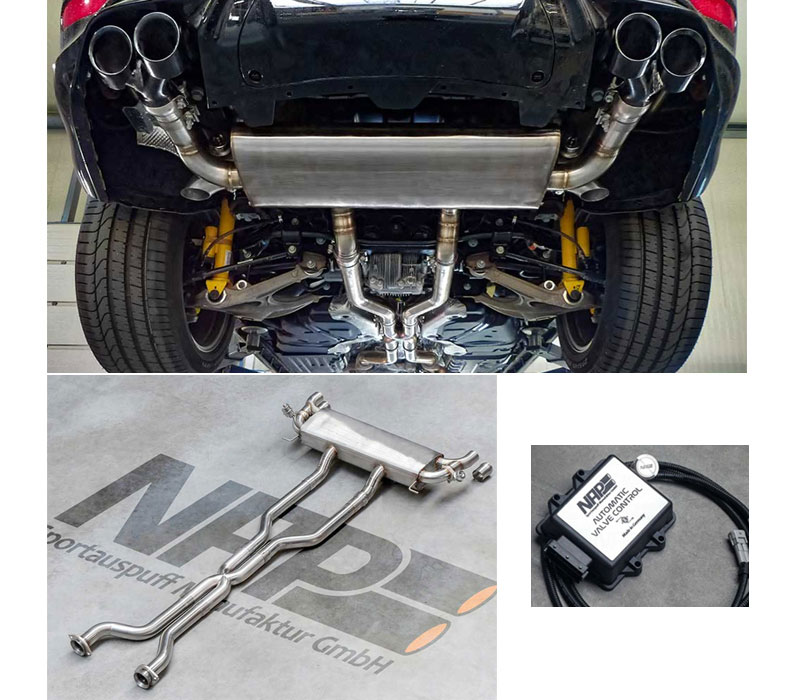 NAP Sportauspuff / Klappen-Anlage ab Kat. für: JEEP Grand Cherokee Trackhawk / 6.2 - 522 kW |  Endrohre: 4x 100 rund,schräg |  Anlage mit H-Pipe / mit CH-Gutachten