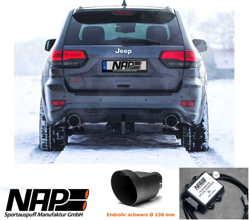 NAP Sportauspuff / Klappen-Anlage ab Kat. für: JEEP Grand Cherokee SRT-8 - WK2 / 6.4 - 344 kW |  Endrohre: 2x 130 rund,schräg - Diverse |  Anlage hat statt einem VSD eine X-Pipe / mit CH-Gutachten