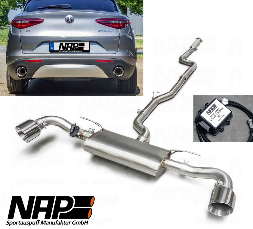 NAP Sportauspuff / Klappen-Anlage 70mm ab Kat. für: ALFA ROMEO Stelvio Q4 / 2.0T - 206 kW, ohne OPF |  Anlage ohne MSD / Endrohre: 2x 100 rund,schräg, poliert |  Endrohre schwarz + Fr. 180.-, Carbon + Fr. 300.-